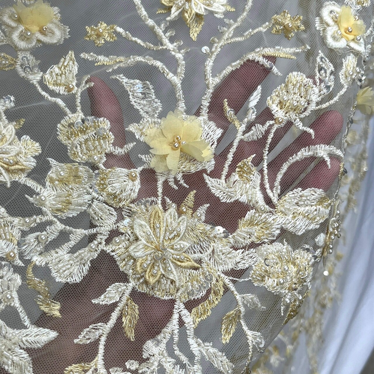 Beaded 3D Floral Lace Fabric with Rhinestones 51" Wide Embroidered Bridal & Evening Dress Lace